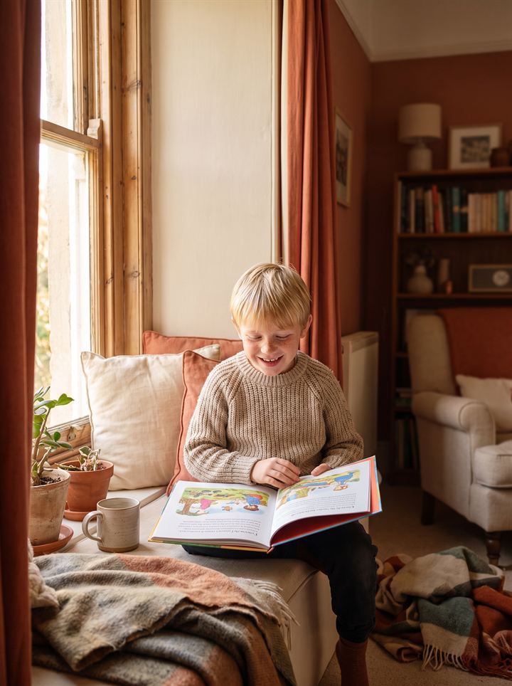 A young child in a cosy jumper reading a book by a sunlit window at home.